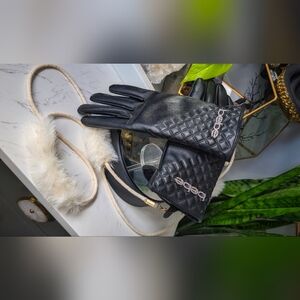 Bebe Black Faux Leather Rhinestone Gloves & Fur Lanyard LG-XL NEW